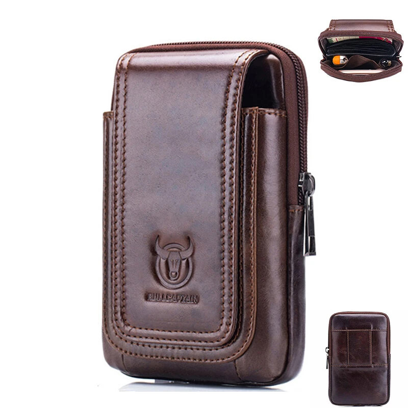 BULLCAPTAIN Men's Leather Belt Waist Bag Travel Small Fanny Pack Phone Pouch Multifunctional Male Waist Bag Leather Pouch (image for) BULLCAPTAIN Men's Leather Belt Waist Bag Travel Small Fanny Pack Phone Pouch Multifunctional Male Waist Bag Leather Pouch